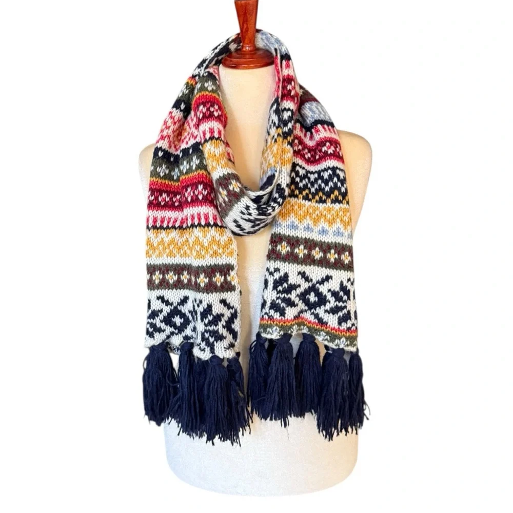 Old Navy Fair Isle Multicolor Knit Scarf 9”X 72” Navy Red Yellow Wool Nordic